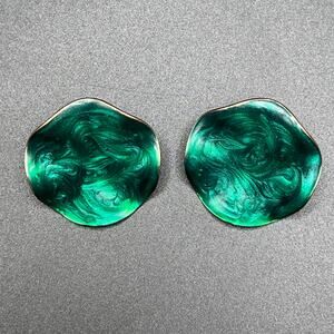 Vintage Emerald Green Enamel Swirl Wavy Disc Earrings